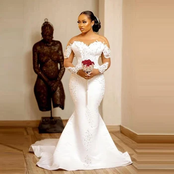 Свадебное платье Русалки в Африканском стиле с кружевной вышивкой и длинным рукавом, праздничное платье Невесты, свадебное платье с трубой
