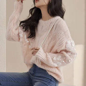 Свитера для женщин, осень 2023, Корейская сетка с круглым вырезом, Розовые свитера с пайетками, свитера с полой подкладкой, рубашки-свитера
