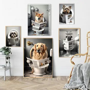 Собака, сидящая на унитазе, читающая газету, принты на холсте, забавные животные, плакат на стену в ванной, украшение дома в туалете