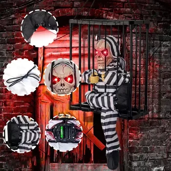 Страшные игрушки на Хэллоуин, реквизит для декора Хэллоуина с датчиком движения, подвесная кукла-скелет, загорающиеся глаза, Заключенный в клетку Тюрьмы