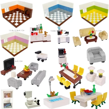 Строительный блок из мелких частиц MOC Диван Обеденный Стол Мебель Украшения для домашней кухни Компьютер Совместим с LEGO