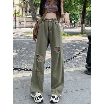 Уличная одежда, женские джинсы Y2k с дырками, Весенние Новые Корейские модные Армейские Зеленые брюки, Винтажные Свободные брюки с высокой талией и широкими штанинами
