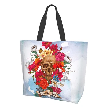 Череп, цветы розы, День мертвых, холщовая сумка-тоут, большая повседневная сумка для покупок через плечо