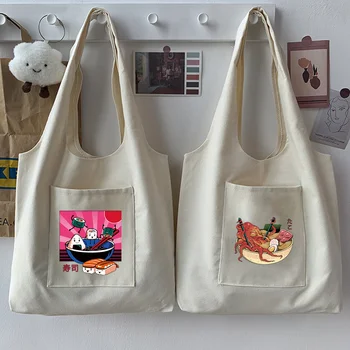 Японская повседневная женская сумка-тоут, сумка для покупок большой емкости, сумка для покупок с рисунком аниме, женская бежевая многоразовая